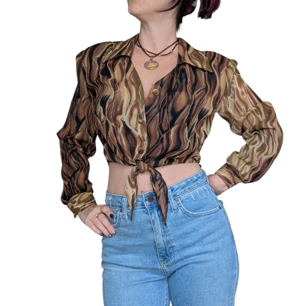 Vintage 80s Hot Stuff Tie-Front Blouse Abstract Print